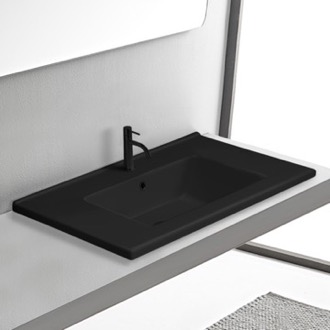 Bathroom Sink Matte Black Drop In Bathroom Sink With Counter Space, Ceramic, Rectangular CeraStyle 067507-U/D